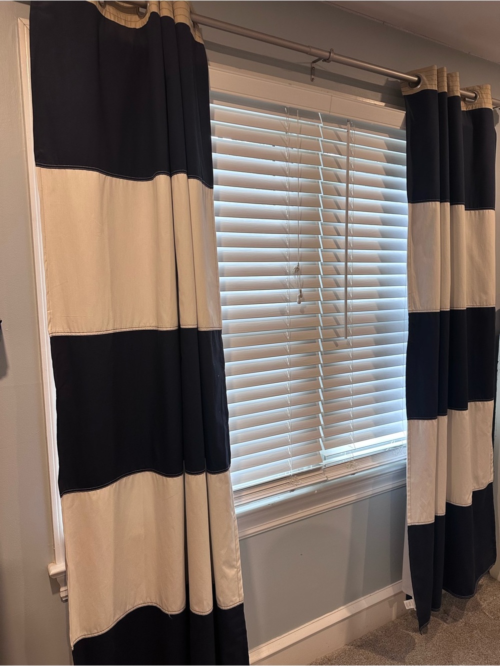 Pottery Barn Kids Navy and white Striped Grommet blackout Drapes